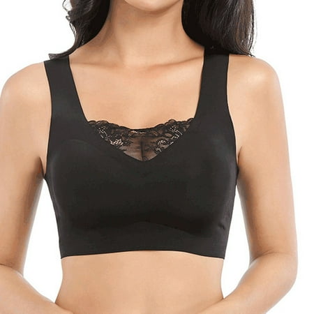 

Women s Sports Bra – Seamless Front Lace Cover Removable Padded Wirefree Crop Tank Top Bralette Cami Comfort Yoga