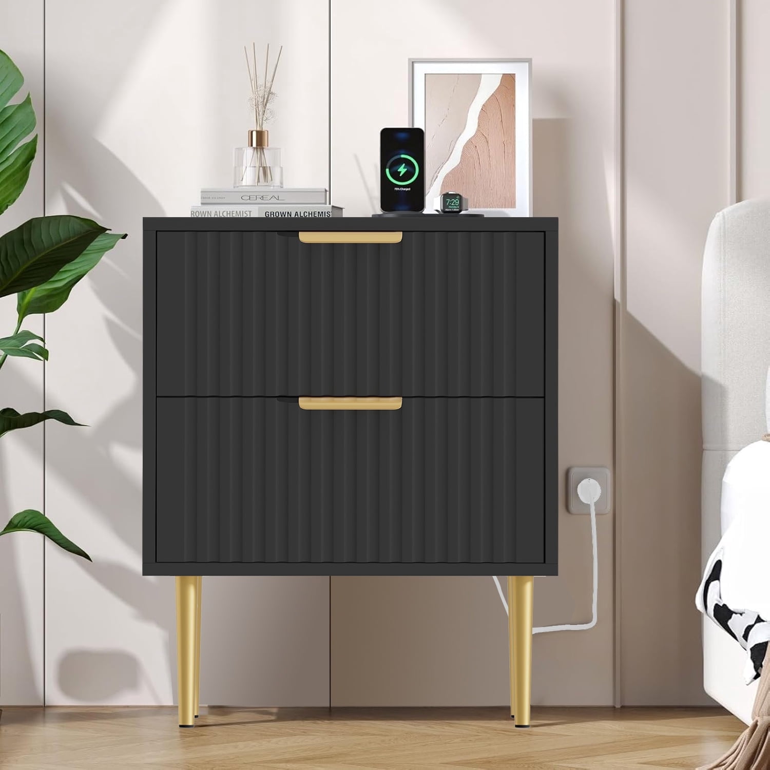 Glavbiku Black Modern 2-Drawer Nightstand with Charging Station,Wood Bedside Table for Adult,23.5"H