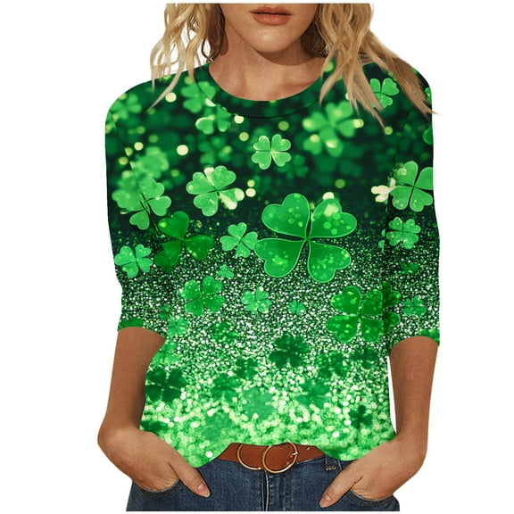 XuJwPNcy Womens St Patrick's Day Shirts 3/4 Sleeve Printed Tops Fashion Crew Neck Shirt Loose Comfy Clothes