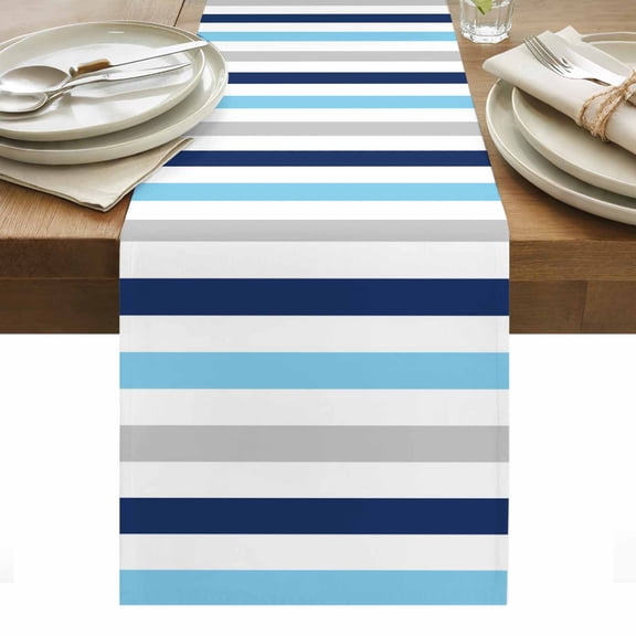 Blue Grey Striped Table Runner - 90 Inch Long, Kitchen Dining Table Runner Dresser Scarves, Farmhouse Stripes Simple Art Farmhouse Decor for Coffee Tables Wedding Party Banquet