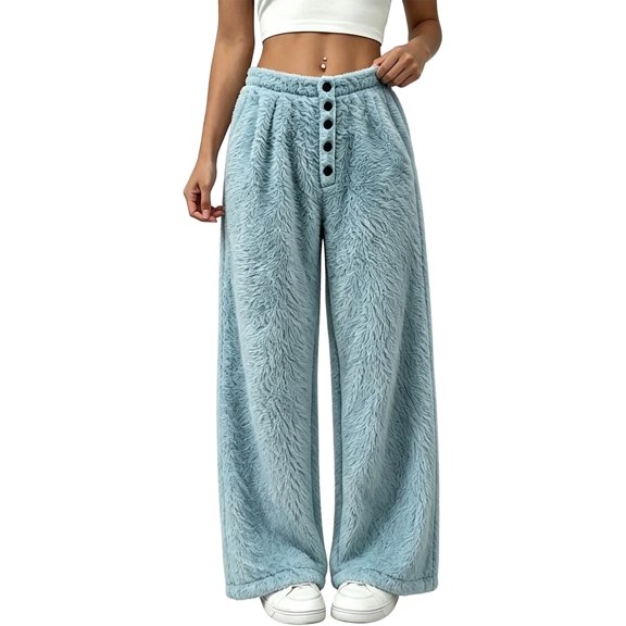 Edvintorg Womens Pants Elastic Waisted Fleece Thermal Trouser Fall Winter Fashion Loose Wide Leg Pants Womens Clothing S-2XL Light Blue