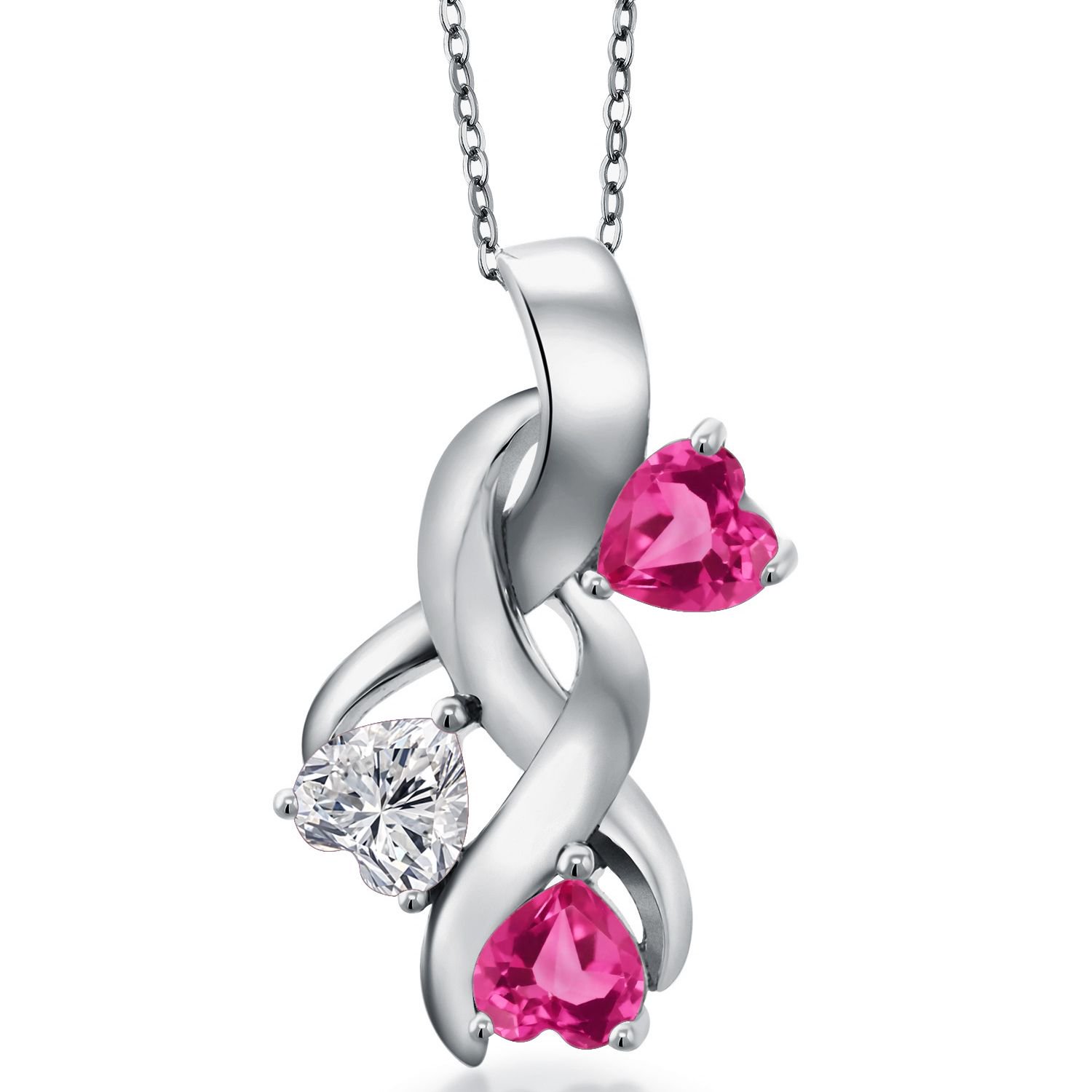 Gem Stone King 925 Sterling Silver Lab Grown Diamond and Pink Created Sapphire Pendant Necklace for Women | 1.64 Cttw | Gemstone April Birthstone | Heart Shape 5MM | With 18 inch Chain