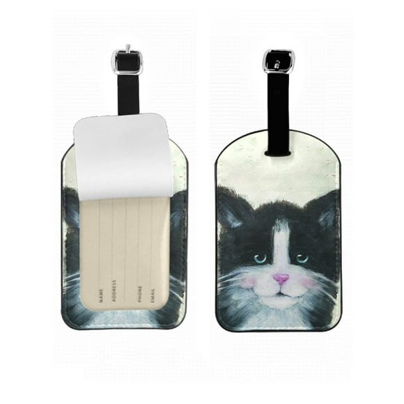 Grey Cat Portrait Leather Suitcase Tags - Cute Pet Kitten ID Card for Travel Bags, Schoolbag, Handbag, Lunchbox - Furry Animal Luggage Bag Identifier, 1 Pack