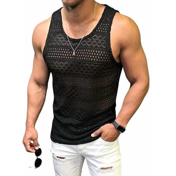 Men See Through Vest Crewneck Sleeveless Tank Tops Shirts Black S
