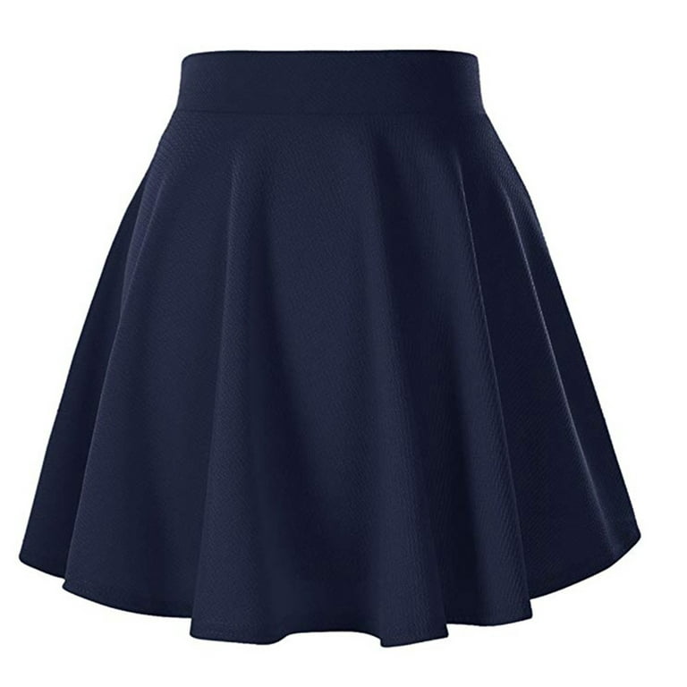 MRULIC skirts for women Women's Solid Color Basic Versatile Stretchy Flared  Casual Pleats Mini Skirt Navy Blue + L