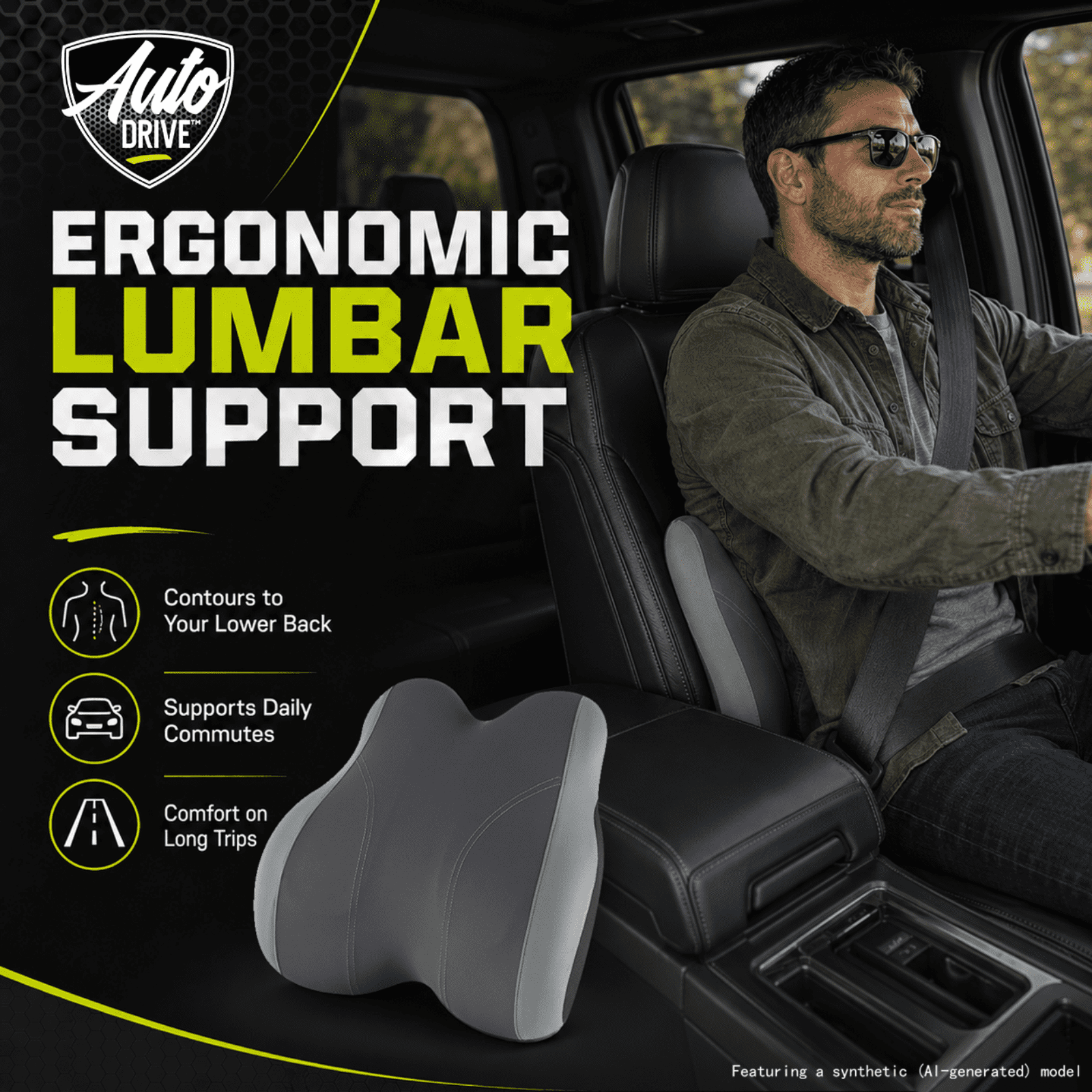 Auto Drive Waterproof Lumbar Support Pillow, Ergonomic Back Support Pillow for Car Seat & Office Chair, Non-Slip Lumbar Cushion for Lower Back Support, Universal Fit, Black & Gray