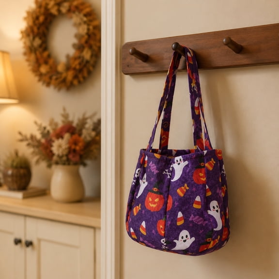 Fmbmuo Halloween Quilted Tote Bag for Women, Pumpkin Ghost Print Reusable Shoulder Bag, Handbags for Women Personal Item Travel Bag for Outings, Purple