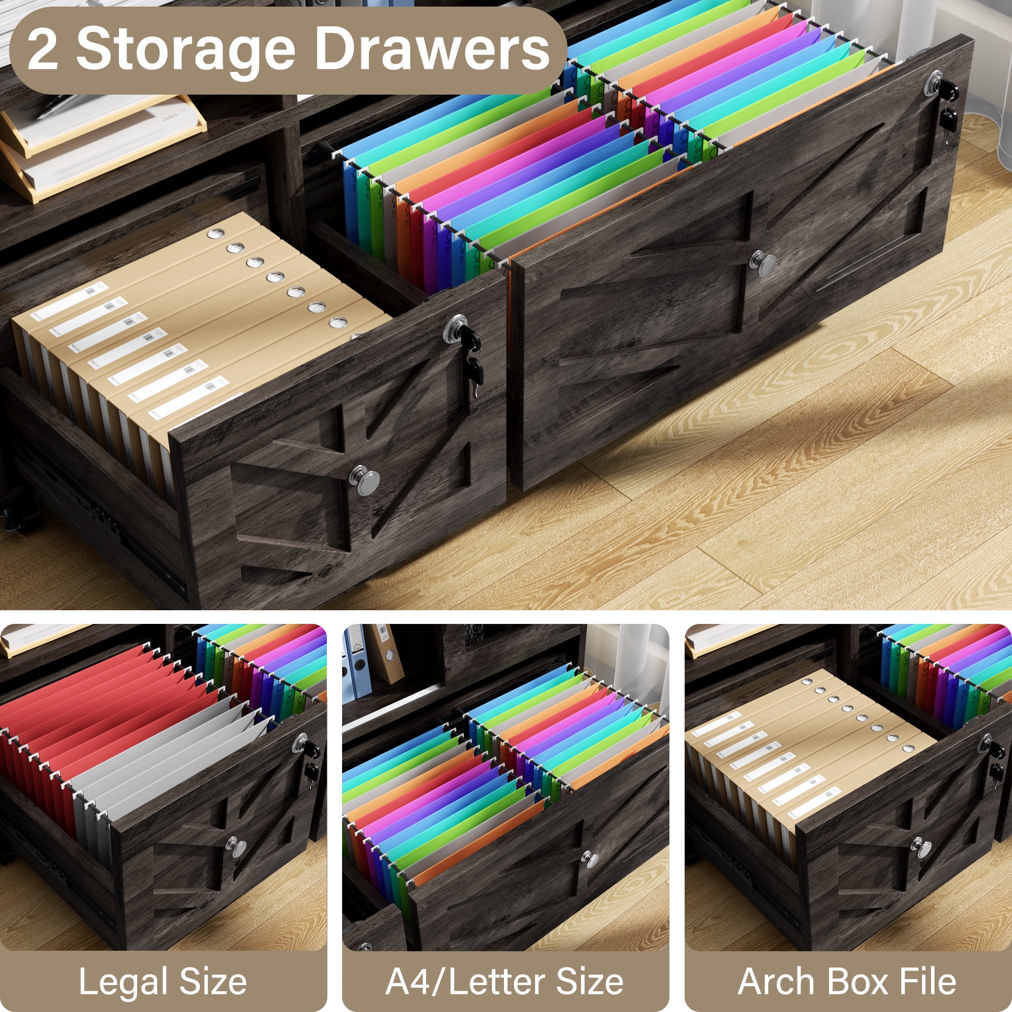 File Cabinet with 2 Lockable Drawers, ETASE Farmhouse Filing Cabinet with Sliding Door and Storage Shelf, Print Stand for A4/Letter, Storage Cabinet for Home Office, Gray