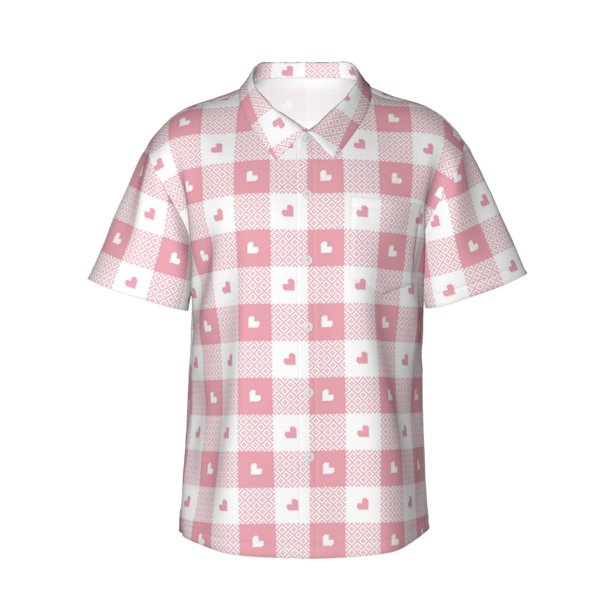 Fotbe Plaid Heart Camisa Hawaiana para Hombre Unisex – Camisa Casual de Verano con Botones de Manga Corta de Algodón y Lino,Medium