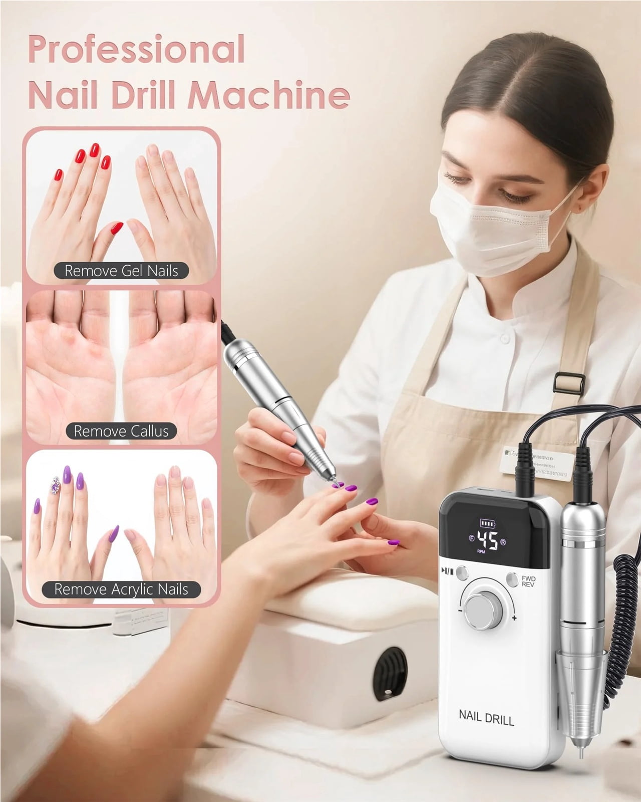 Electric Nail Drill Professional: 45000 RPM Portable Rechargeable Nail Drills Machine with 6 Bits, Drill para Uñas E File