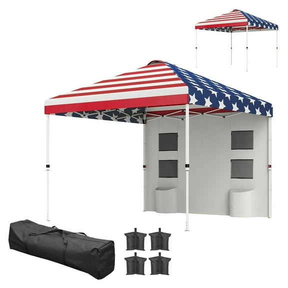 10x10 Pop Up Canopy Tent with Sidewall, American Flag, Adjustable Height Sun Shelter for 6-9 People