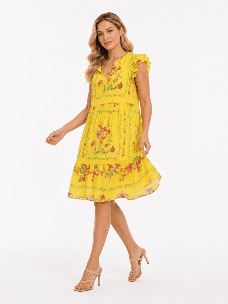 Women's Floral Ruffle Sleeve Mini Dress – Casual Boho V-Neck Flowy Summer Dress