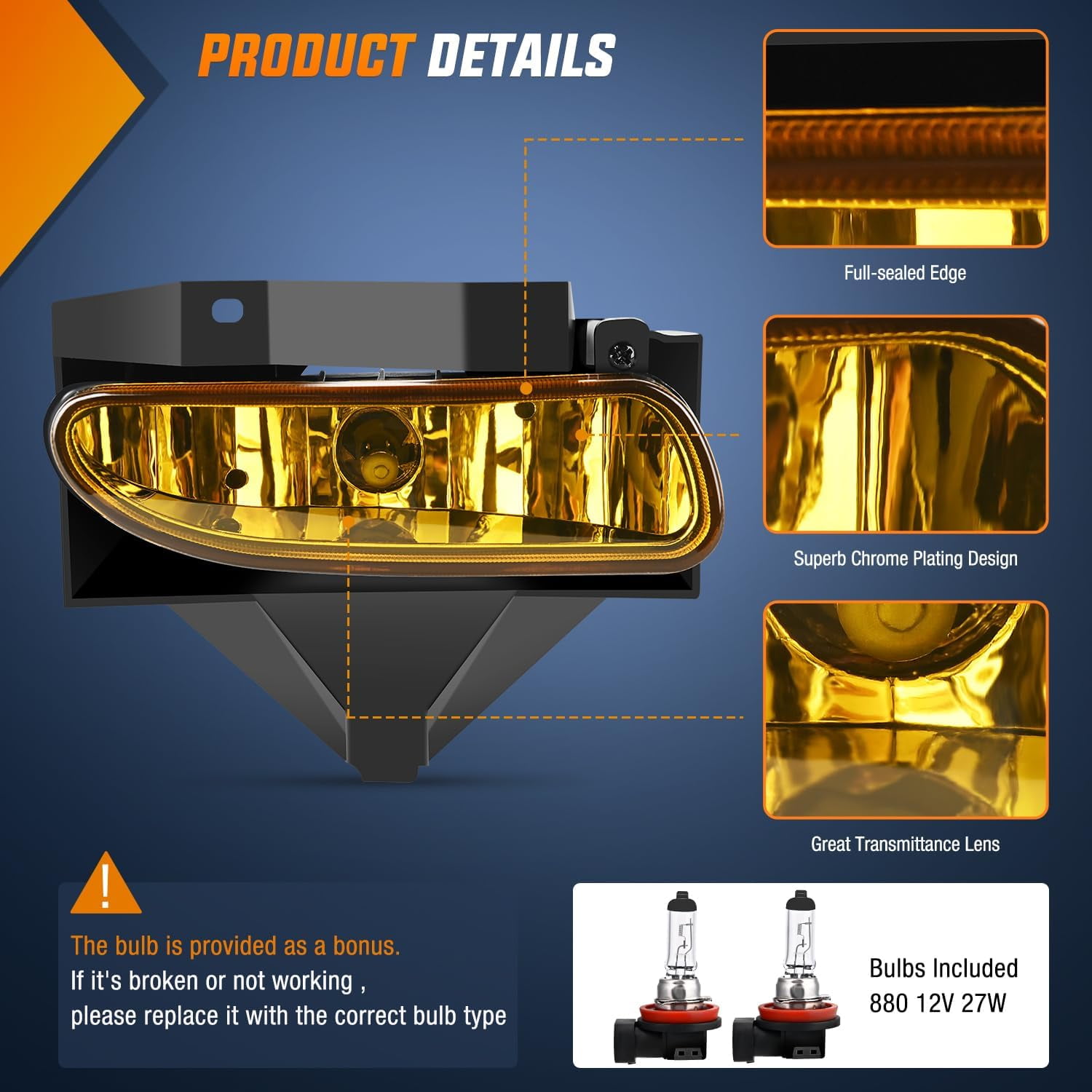 Nilight Fog Lights Assembly Compatible with 1999 2000 2001 2002 2003 2004 Ford Mustang 1999-2004 Mustang Fog Lamp Replacement Amber Lens w/12V 880 27W Bulbs