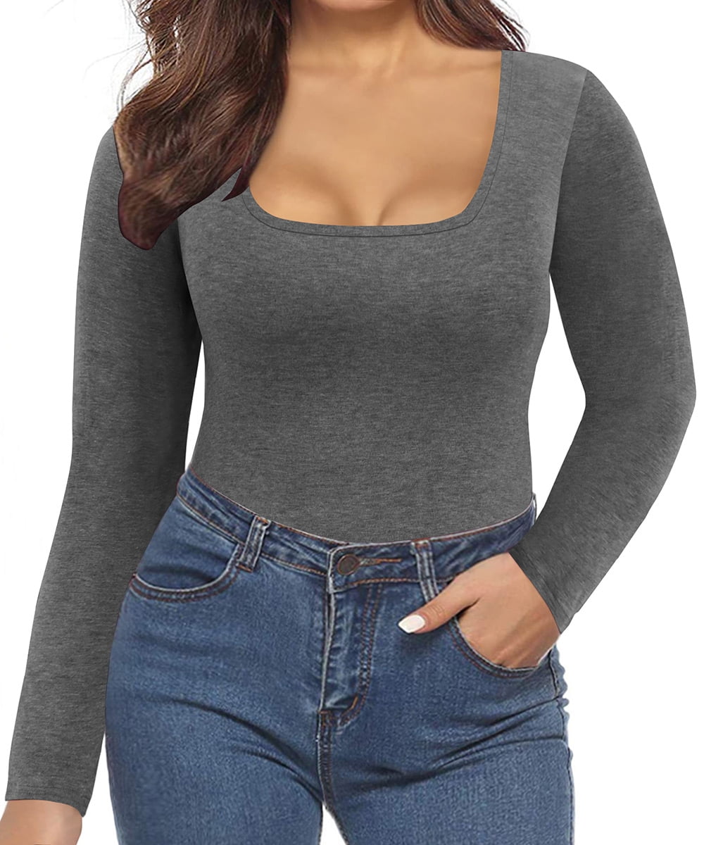 TIYOMI Plus Size Long Sleeve Tops For Women Dark Grey Basic Square Neck