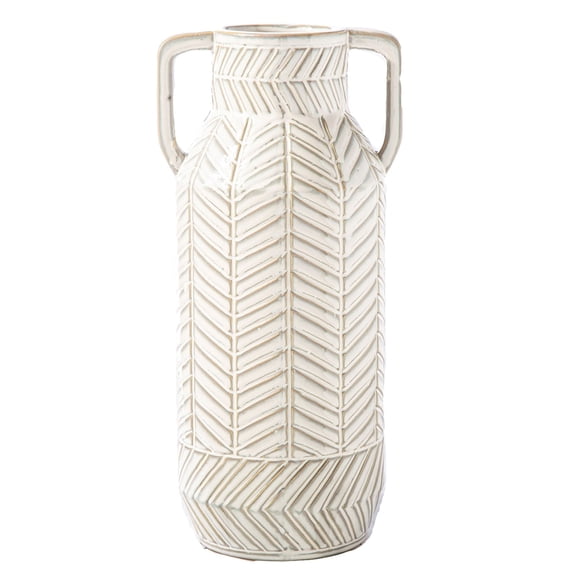 Ceramic Round Vase with Side Handles and Embossed Chevron Pattern Design Body LG Gloss Finish White