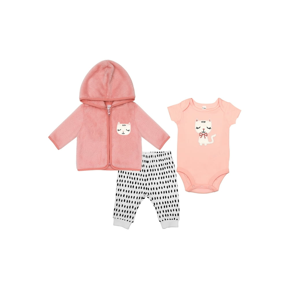 PL Baby PL Baby Baby Girl Interlock Bodysuit, Pants, & Plush Hoodie