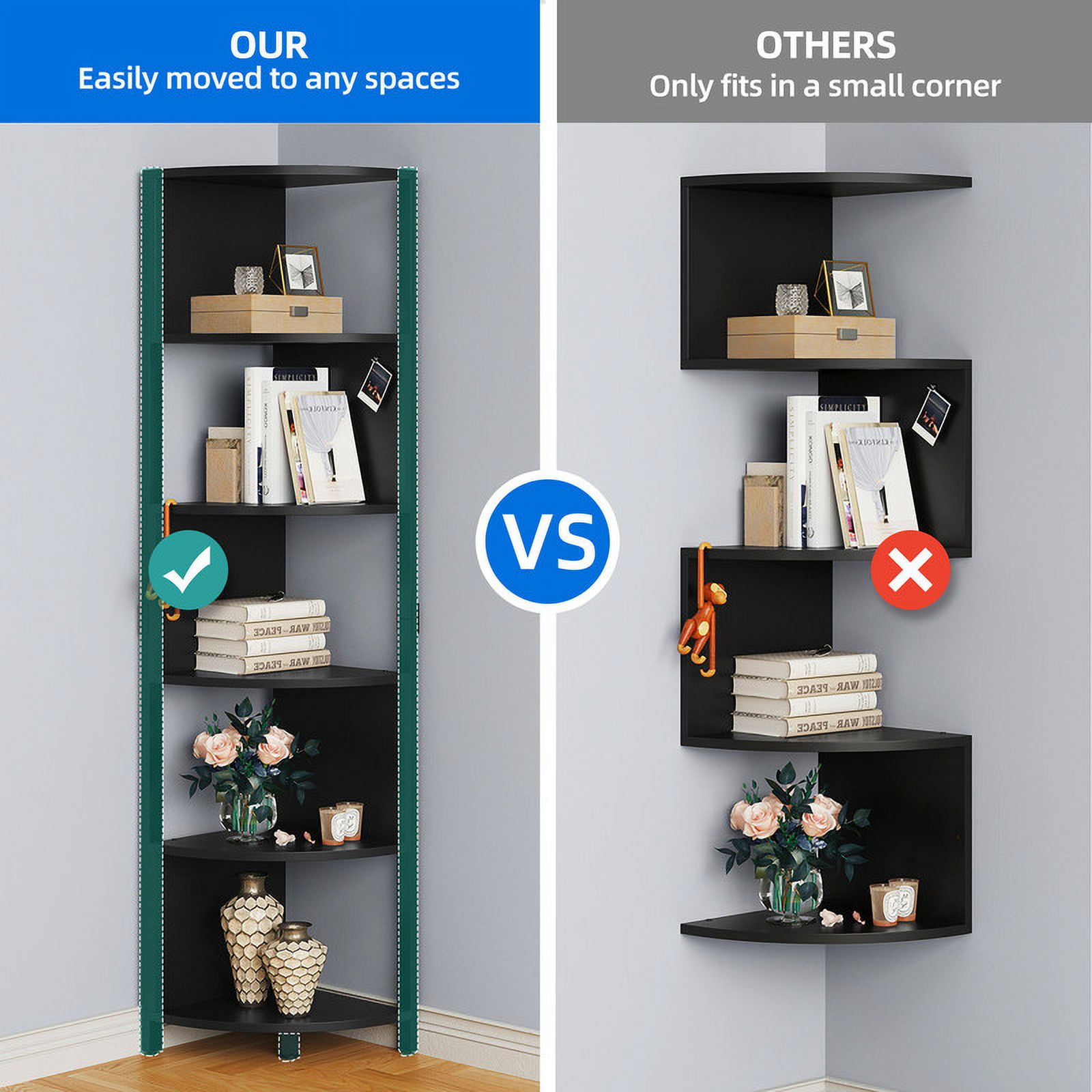 Dextrus 6-Tiers Corner Shelf, Narrow Open Shelf, Modern Corner Bookshelf & Bookcase, Corner Storage Rack Plant Stand for Home Office,Black