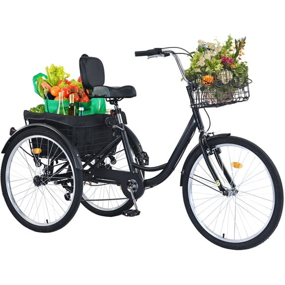 Jacgood New Upgraded 26in Adult Tricycle, 7 Speed 3 Wheel Bikes, Large Seat with Backrest Trike for Adults with Front & Rear Baskets, Cruiser Bike for Seniors Women Men Commute Picnic Outdoor (Black)