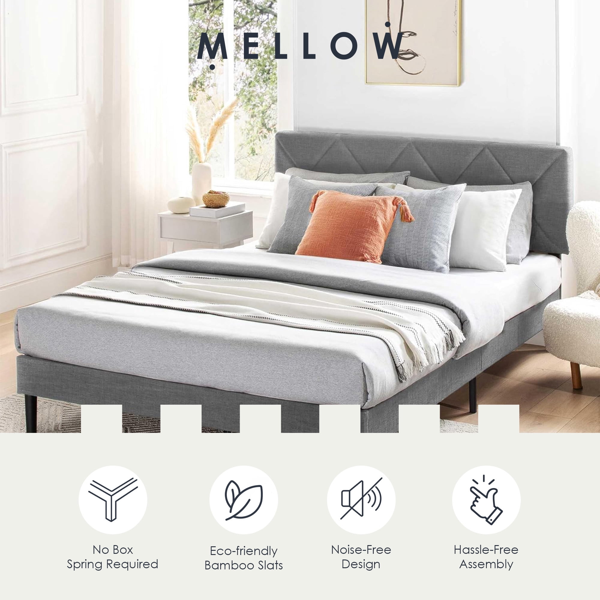 Mellow Olena Upholstered Platform Bed Frame with Diamond Channel Tufted Headboard, Queen
