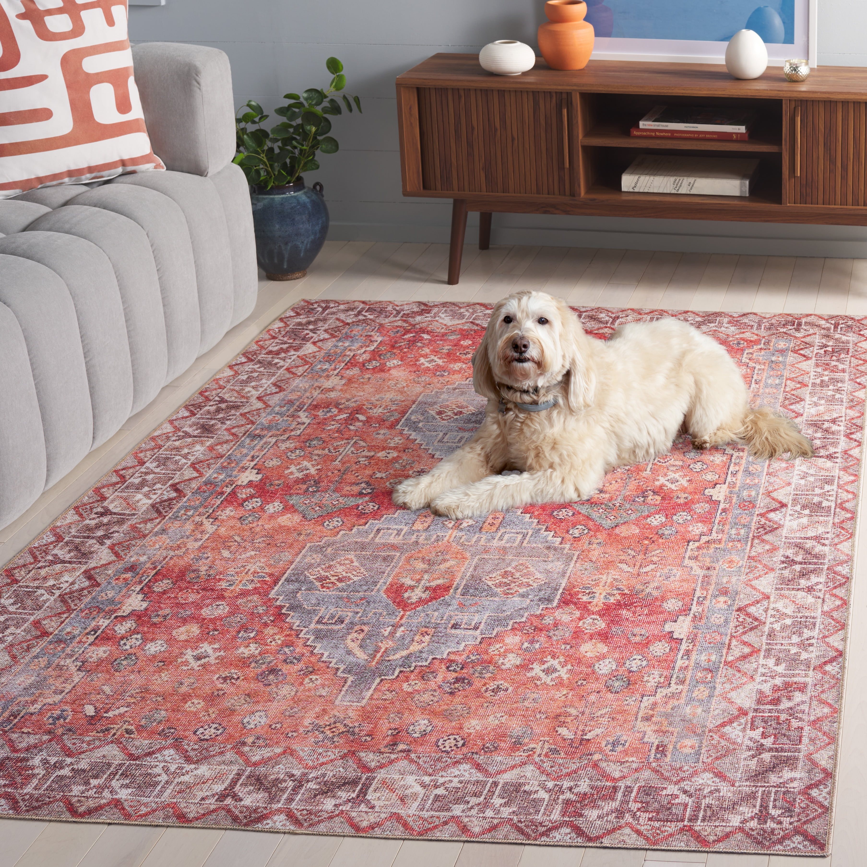 SAFAVIEH Vintage Serapi Tessan Medallion Machine Washable Area Rug, Red/Blue, 8' x 10'