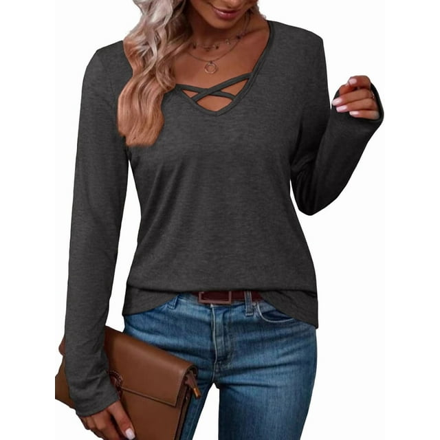 T-Shirt Blouse Décontracté pour Femmes à Manches Longues, Col en V, Mode, Confortable, Extensible, Couleur Unie, Gris Foncé, TTG