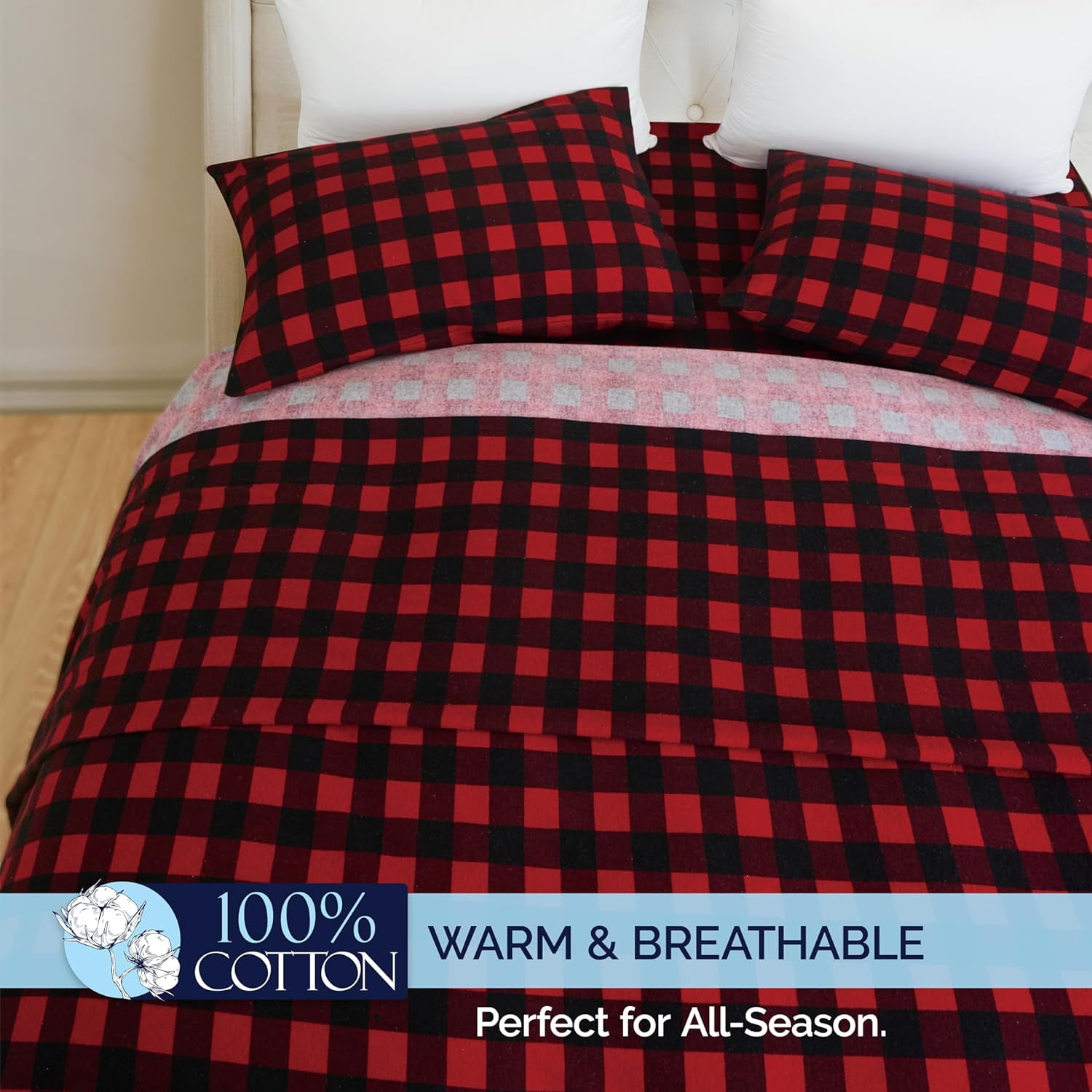 Elegant Comfort Soft 4-Piece Cotton Flannel Sheet Set -Deep Pocket Fitted Sheet, Flannel Sheets - Twin XL, Buffalo Check Burgundy