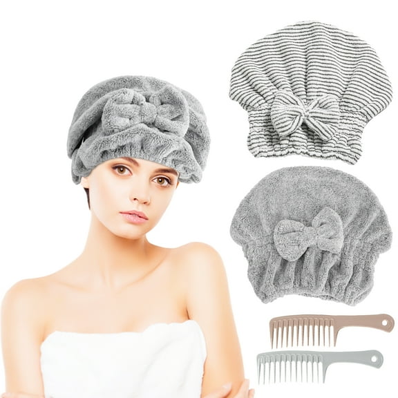 2 Pack Microfiber Hair Towel Cap, Quick Drying Cap Soft Absorbent Towel and 2 Combs for Curly Long Thick Dry
