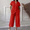 thumbnail image 6 of Women’s 2 Piece Outfit Set Button Short Sleeve Shirt and Drawstring Waist Cropped Wide Leg Capri Pants with Pockets, Light Weight for Daily‑Wear, Vacation and Shopping S-5XL Red, 6 of 6