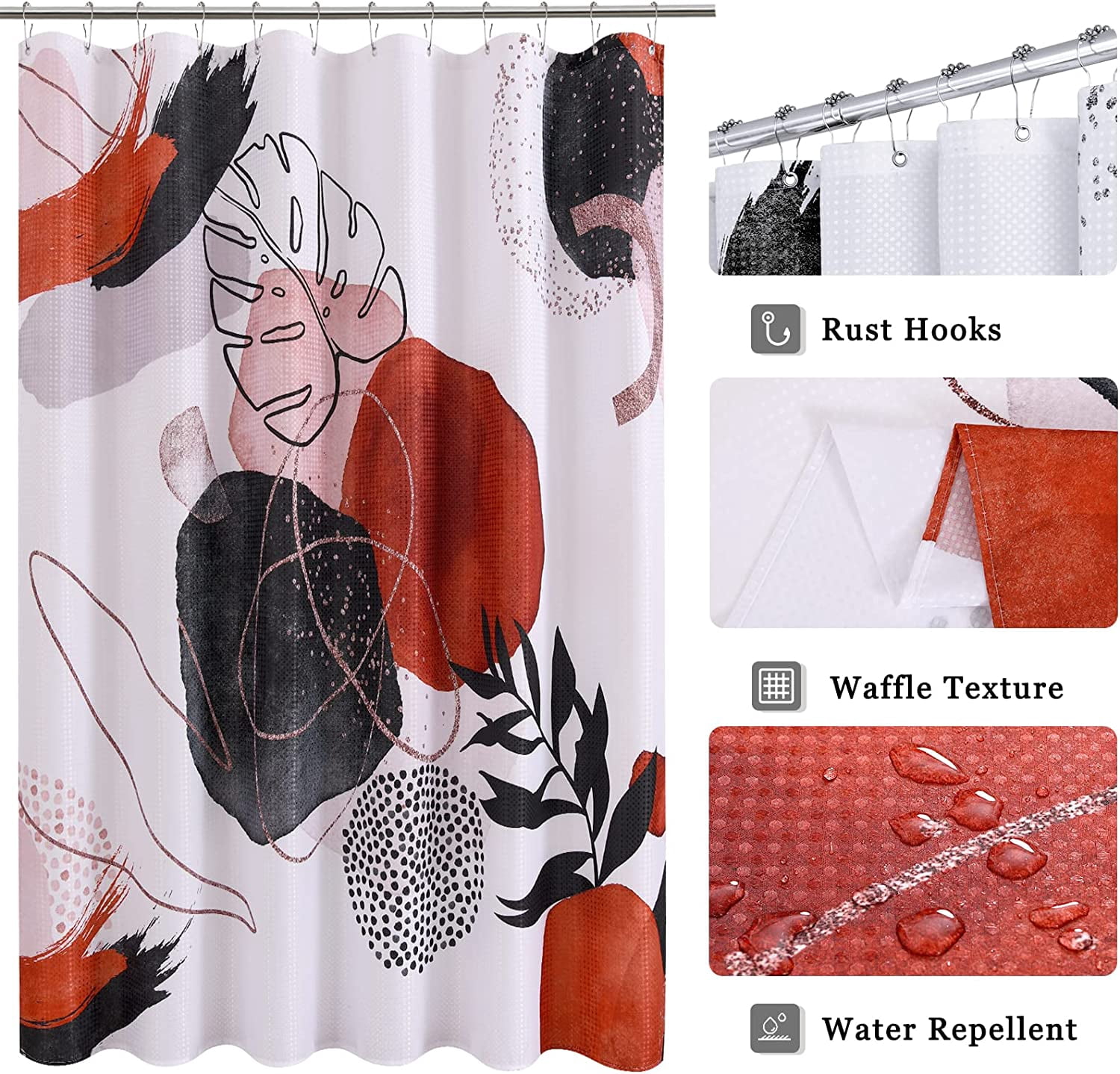 Abstract Shower Curtain Boho Mid Century Shower Curtain Modern Shower Curtain Set Retro Red Neutral Shower Curtains Waterproof Bathroom Set Decor with 12 Shower Curtain Hooks 72x72