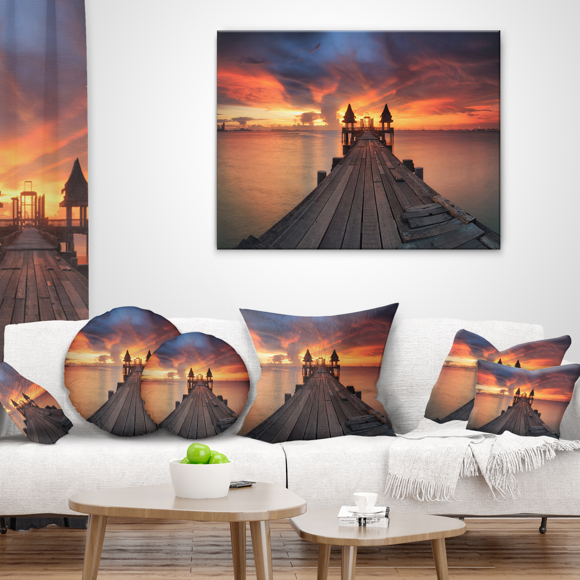 Designart Glowing Sky and Long Wooden Bridge - Pier Seascape Throw Pillow - 18x18
