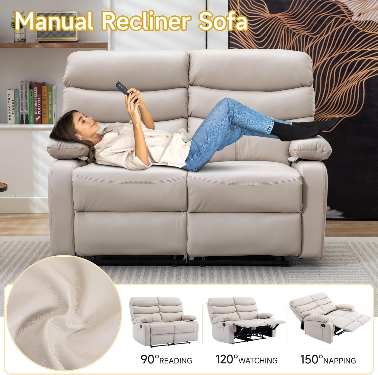 Chizzysit Loveseat Recliner Chair, Leather Double Reclining Chairs for Adults ,Love Seat Couches Sofa for Small Spaces Living Room, RV, Home Theater - Beige