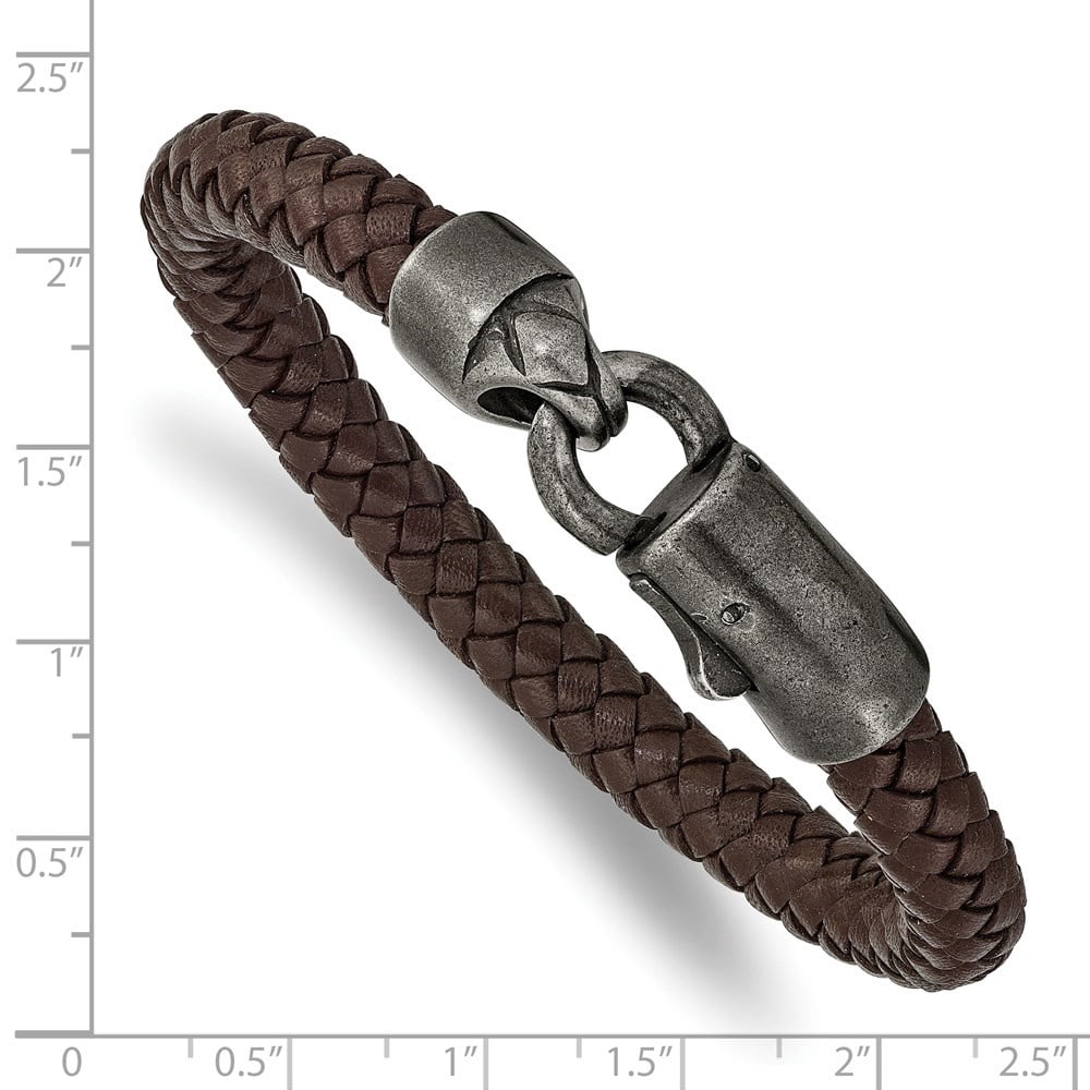 Diamond2Deal Stainless Steel Antiqued White Bronze-Plated Brown Braided Leather Bracelet for Men 8.25"
