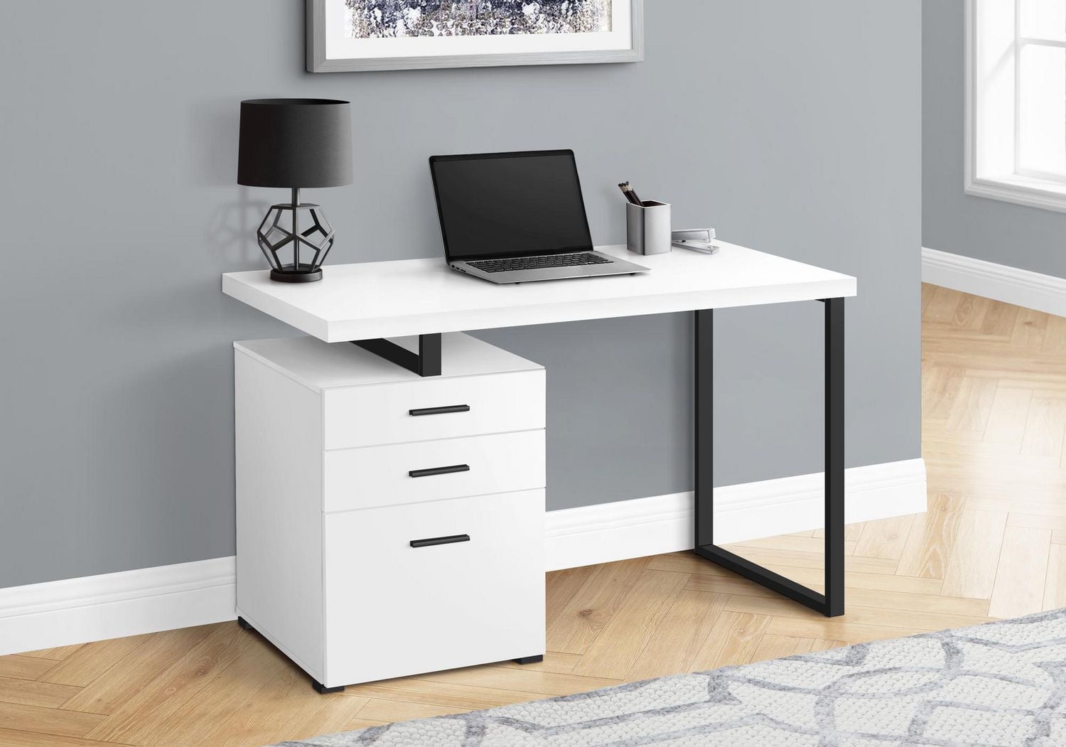 Monarch Specialties Computer Desk, Home Office, Laptop, Left, Right Set-up, Storage Drawers, 48"l, Work, Metal, Laminate, White, Black, Contemporary, Modern