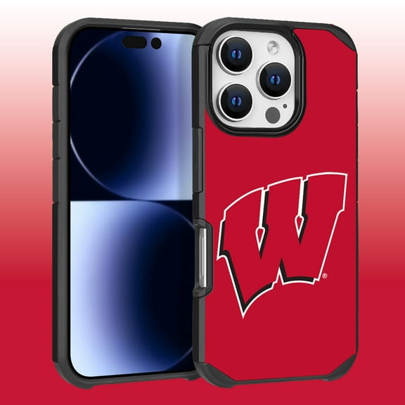 Apple iPhone 16 Pro (6.3) - Licensed NCAA University of Wisconsin Badgers Logo on Red Textured Dual Layer Case