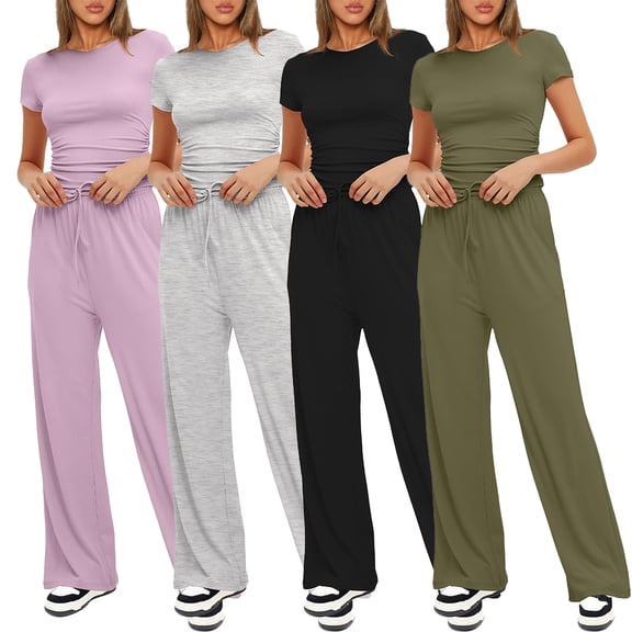 FLMEI Women's Tracksuit 2 Piece Outfits Womens Ruched Short Sleeve T-Shirt Tops and High Waisted Wide Leg Pants Summer Casual Sets