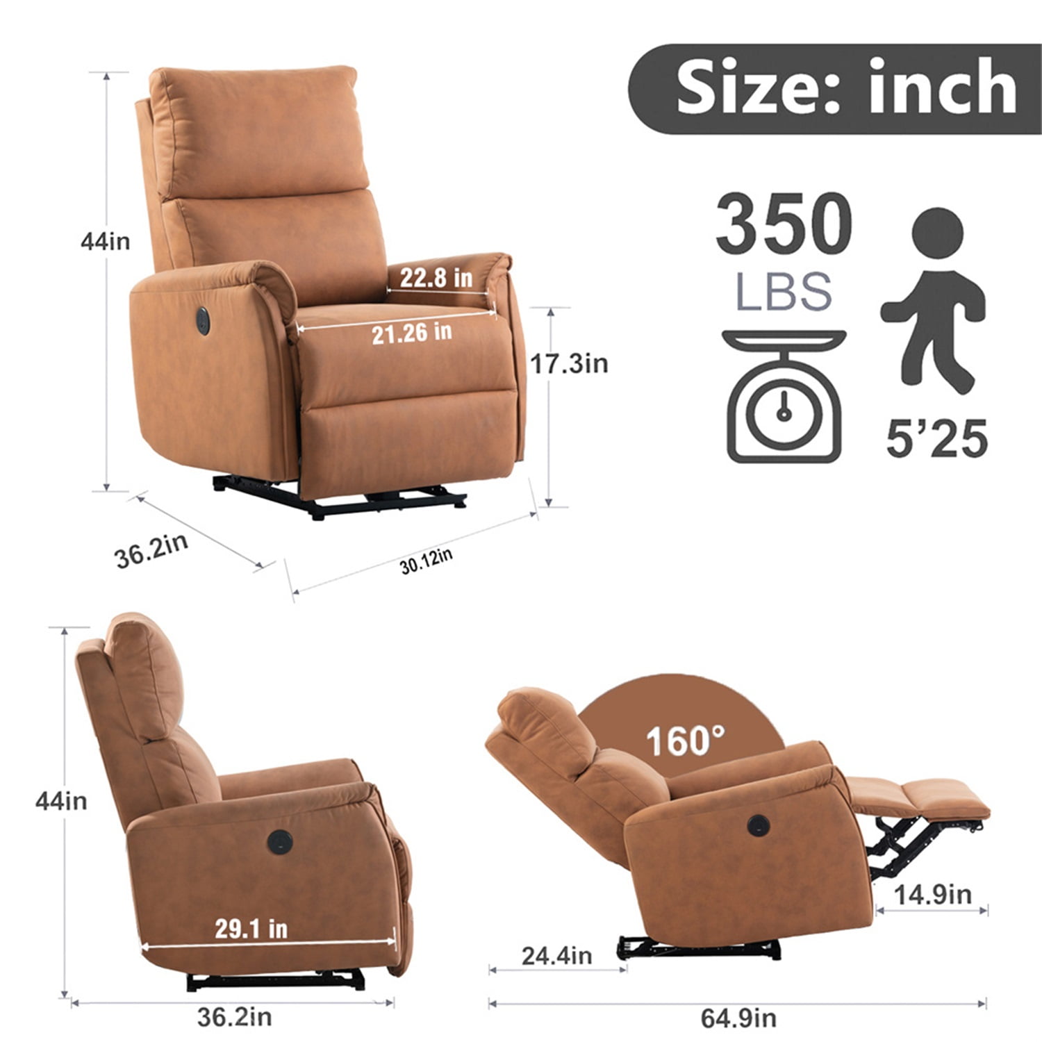 Resenkos Electric Power Recliner Chair, Upholstered Lounge Single Sofa, Home Theater Seating with USB Charging Ports for Living Room Bedroom, Orange Resenkos Electric Power Recliner Chair, Upholstered Lounge Single Sofa, Home Theater Seating with USB Charging Ports for Living Room Bedroom, Orange