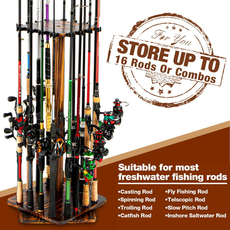 Ghosthorn Fishing Rod Pole Holders for Garage 360 Degree Rotating , Holds  up to 16 Rods Wood Fishing Gifts for Men 