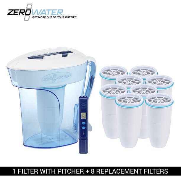 Zero Water 10Cup Ion Exchange Water Dispenser Pitcher & 8 Replacement