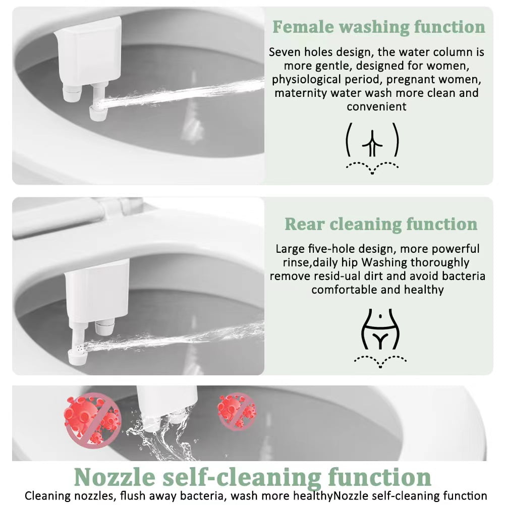 Waxgamo Ultra-Slim Bidet Attachment for Toilet - Frontal & Rear Wash Self-Cleaning Nozzles with Adjustable Cold Water Pressure and Stainless Steel Inlet, Easy Install, White