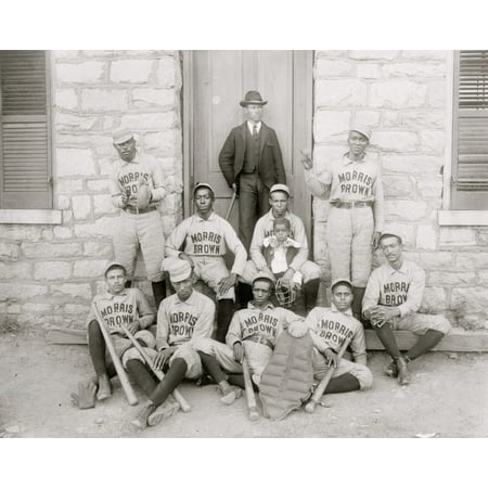 African American baseball players from Morris Brown College with boy and another man standing at door Atlanta Georgia Poster