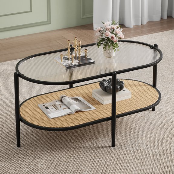 37" Oval Coffee Table,2-Tier Storage Shelf and Metal Frame,Circular End Table with Water-Wave Glass Top, Boho Center Tables for Living Room Bedroom Small Space