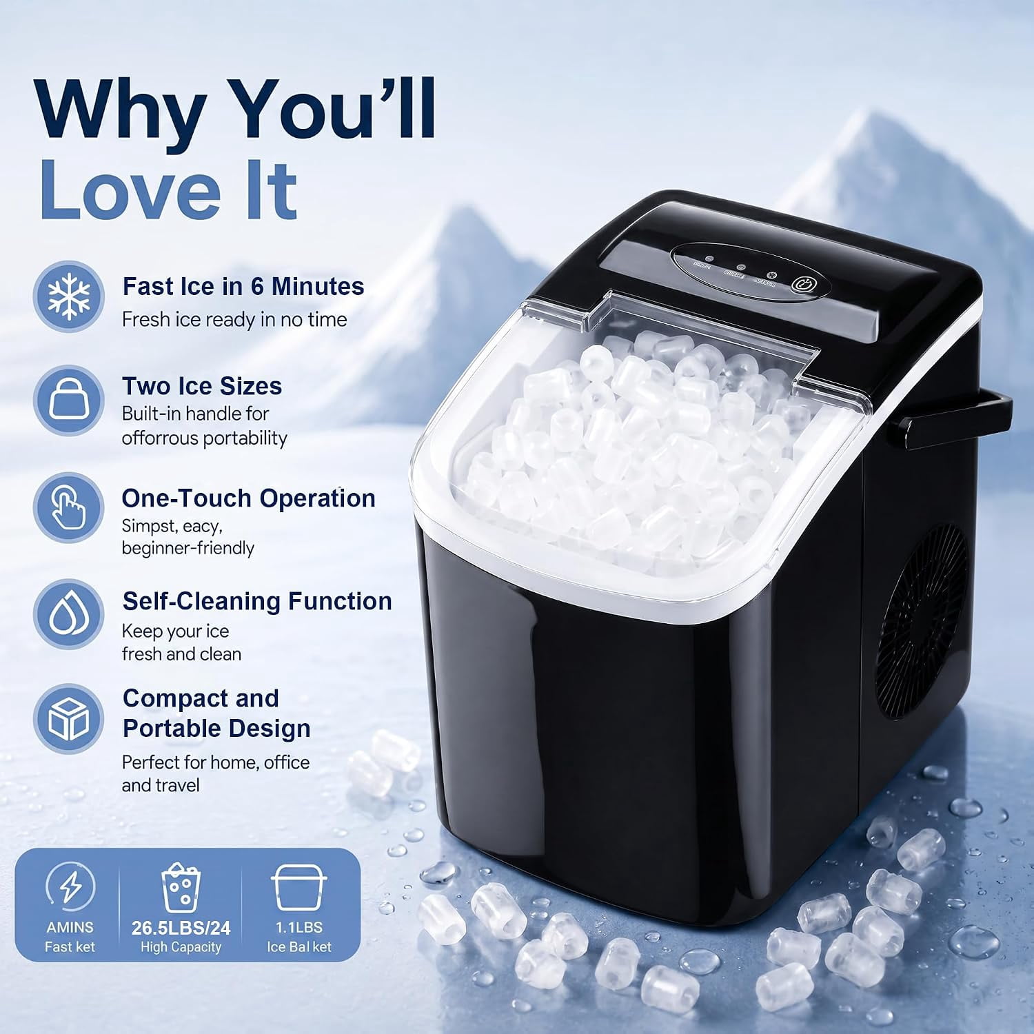 Countertop Portable Bullet Ice Maker Machine, 26lbs Daily Output, 6 Mins Fast Ice Production, One Touch Operation Auto Self Clean for Home Office RV Dorm Bar