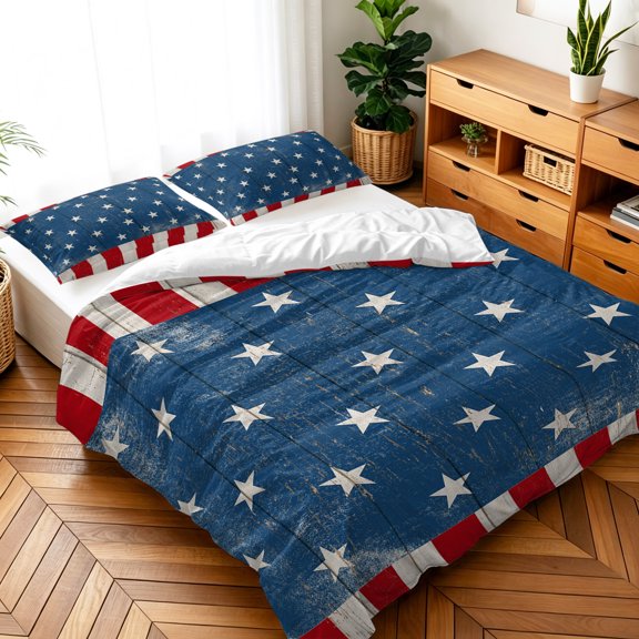 Queen Size 3 Pieces Duvet Cover Sets Patriotic America Stars on Navy Blue Wood Plank Bedding Set,Microfiber Soft Comforter Cover with Pillow Shams,Luxury Quilt Covers Independence Day Striped