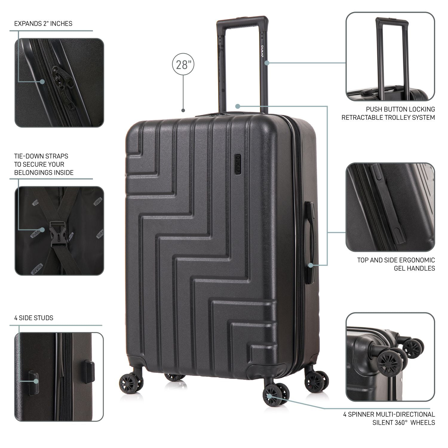DUKAP ZAHAV 28" Hardside Lightweight Checked Luggage with Spinner Wheels, Handle and Trolley, Black