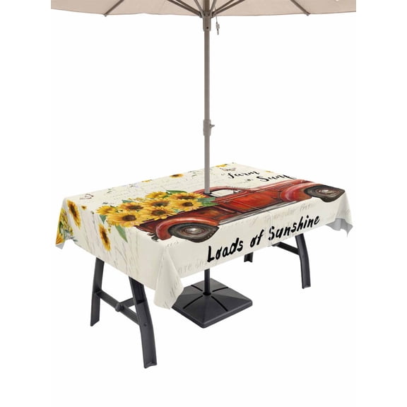 Outdoor Tablecloth with Umbrella Hole for Patio/Picnic/Party/Camping, Sunflower Truck Waterproof Table Cloth Rectangle Table Cover Washable, Elegant Yellow Floral Summer Botanical (52"x 70")
