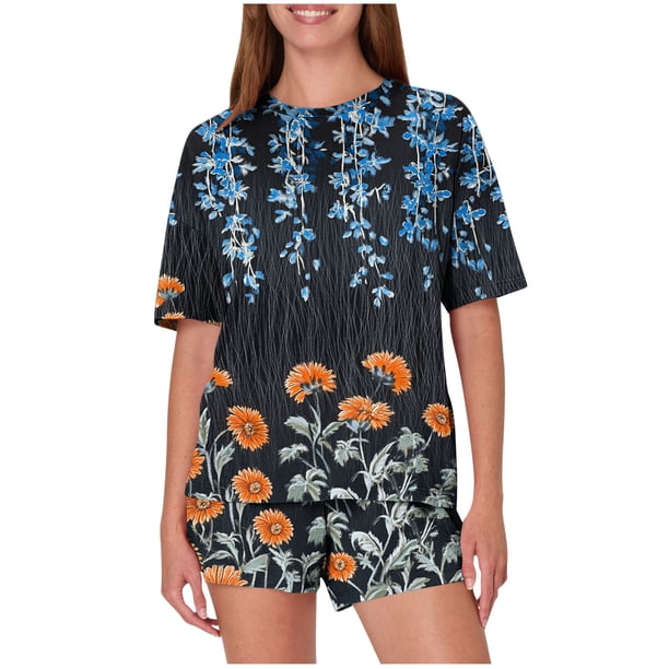 Pijama informal holgado con estampado de cuello redondo y manga corta para mujer, de poliéster