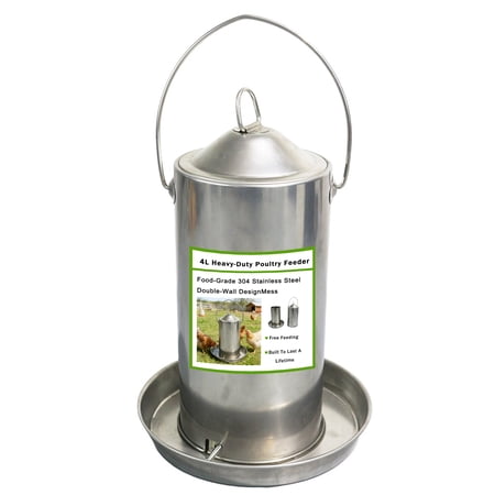4W Stainless steel 304 double wall poultry drinker -4L Hanging Chicken Feeder no Waste Food-Grade - Poultry Feeder for Chicken Metal - Heavy Duty Reliable Long-Lasting with Handle
