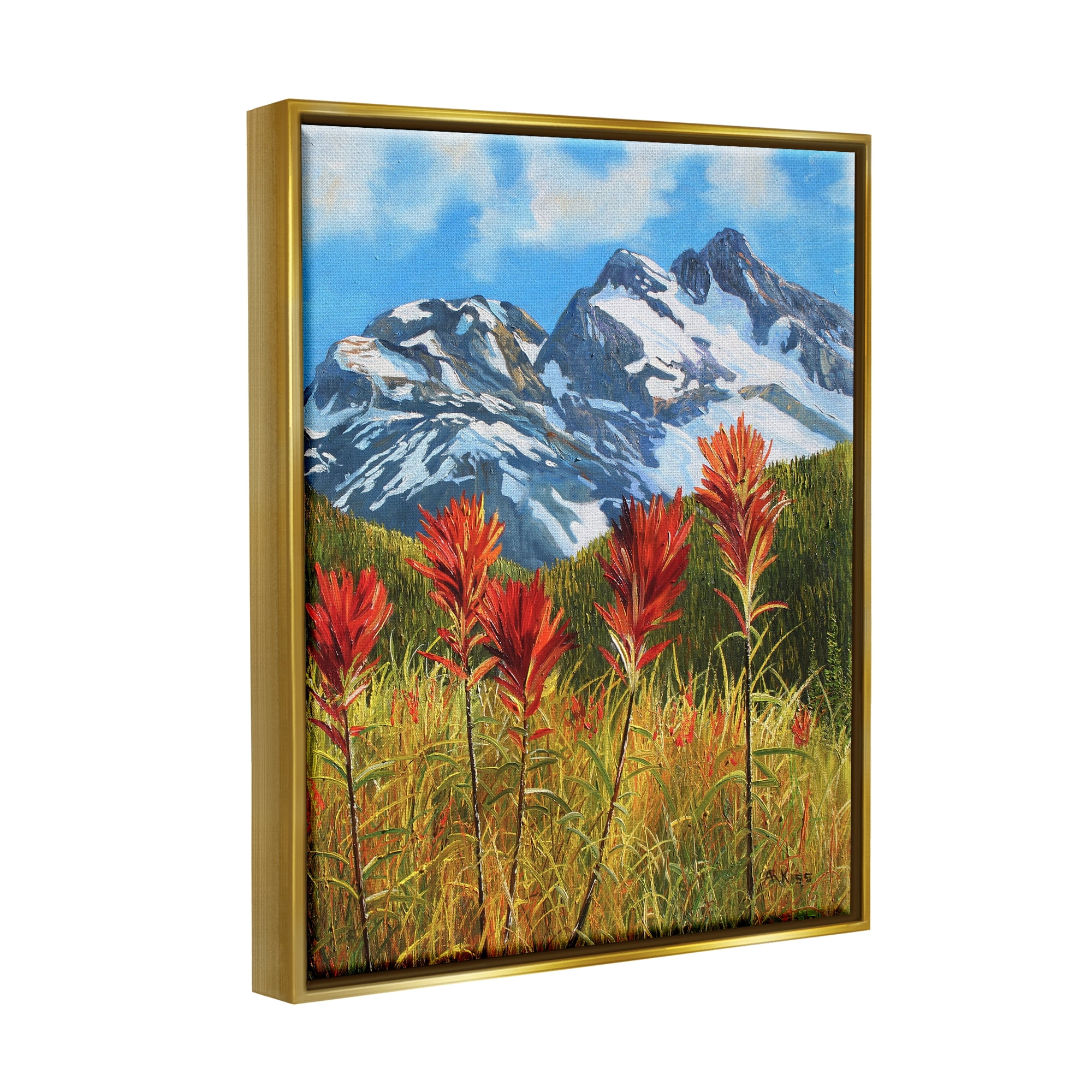 Stupell Industries Alpine Mountain Valley Nature Painting Gold Floater Framed Art Print Wall Art, 25 x 31