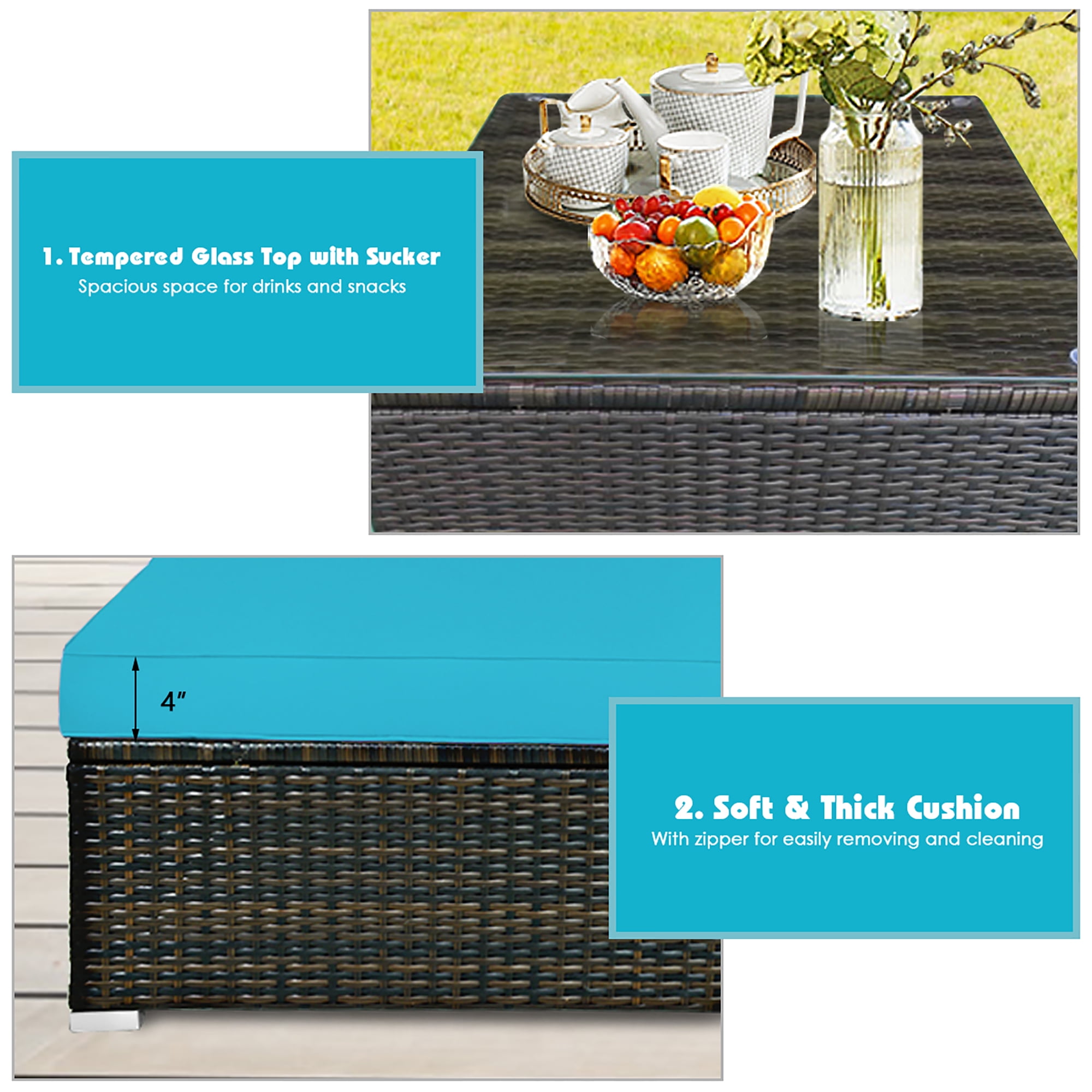 Costway 5PCS Outdoor Patio Rattan Furniture Set Sectional Conversation Turquoise Cushion