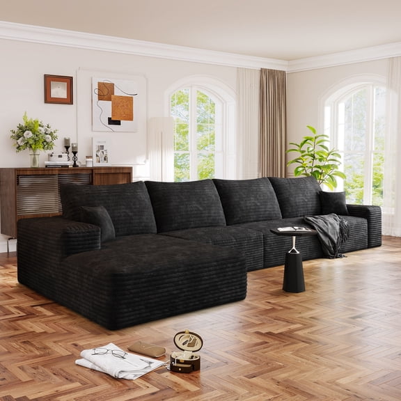 Muumblus 135" Cloud Sectional Sofa with Left Chaise, Cozy L-Shaped Modular Sofa, Plush Corduroy Sleeper Bed Couch, No Assembly Required, Black
